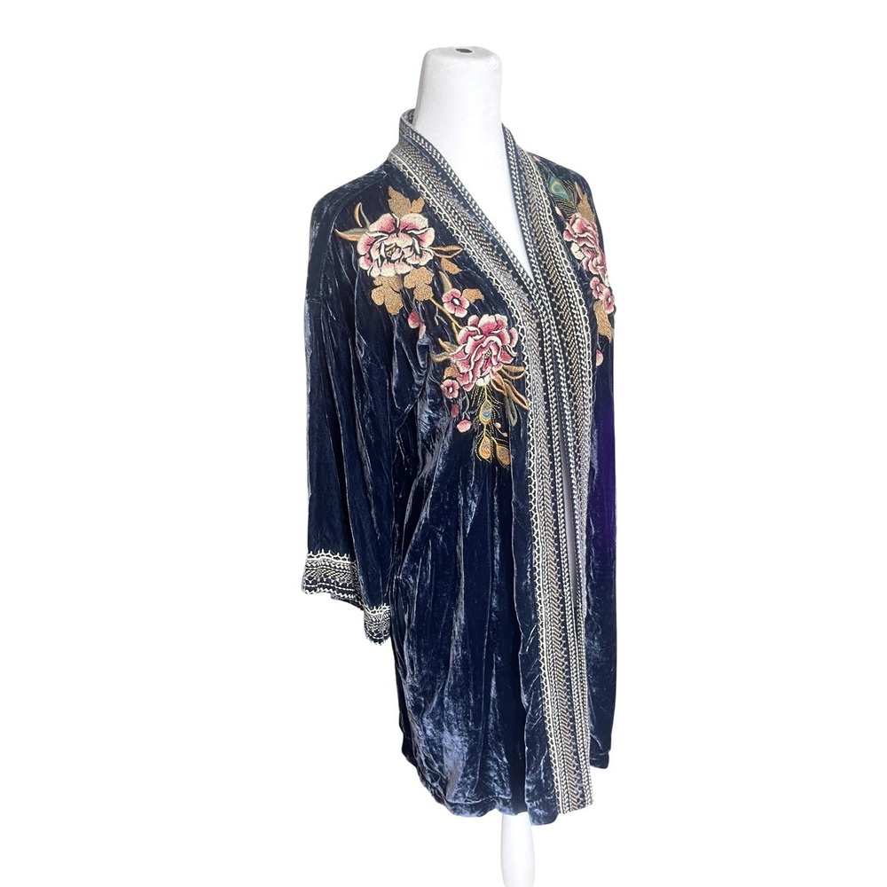 Johnny Was Quito Velvet Silk Navy Blue Kimono Duster Peacock Embroidered Sz S - Picture 11 of 16